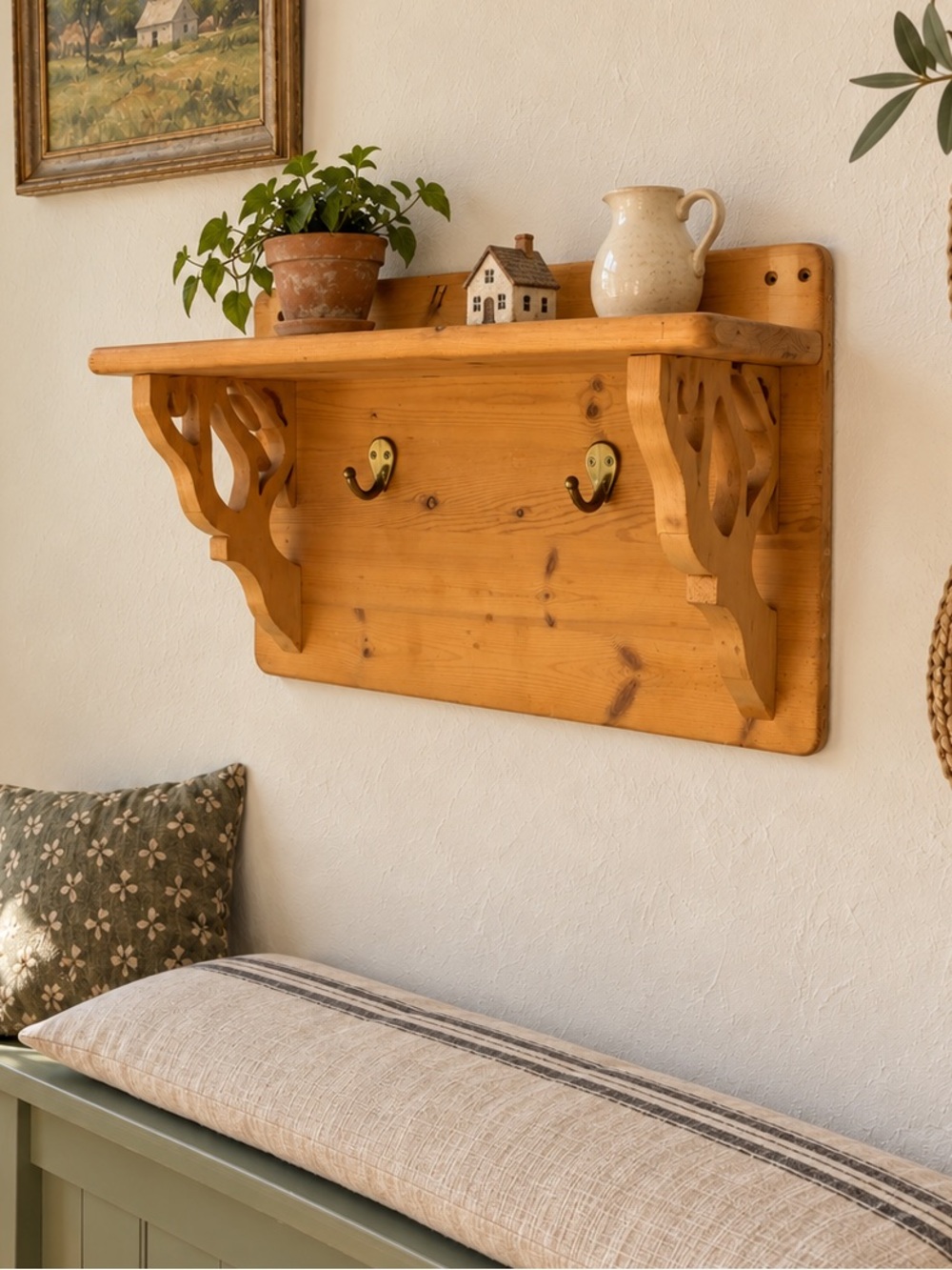 Vintage Carved Pine Wood Wall Shelf Coat Rack Hooks Cottage Farmhouse Decor stag